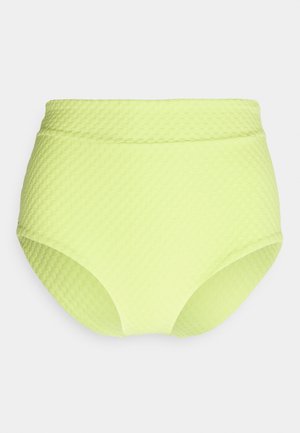 Parte de baixo de fato de banho de cintura alta em um amarelo neon vibrante, feita de material texturizado com padrão de colmeia e uma faixa de cintura lisa.