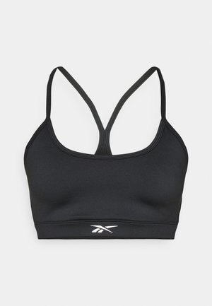 Sort sportbh med tynde stropper, der danner en racerback-design, og et lille hvidt logo centreret på frontbåndet.