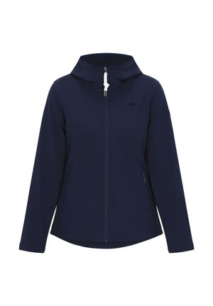 Jachetă softshell bleumarin, cu fermoar în față, glugă ajustabilă și două buzunare laterale. Dispune de manșete elastice și un tiv rotunjit.