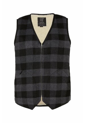 Sort og grå ternet vest med V-udskæring, lynlås foran og fleece-for. Har to forlommer og en afrundet søm.