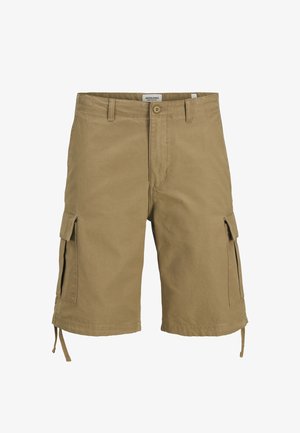 Pánské khaki cargové kraťasy s předním knoflíkem a zipem, poutky na opasek, postranními kapsami s klopou a stahovacími šňůrkami na lemu.