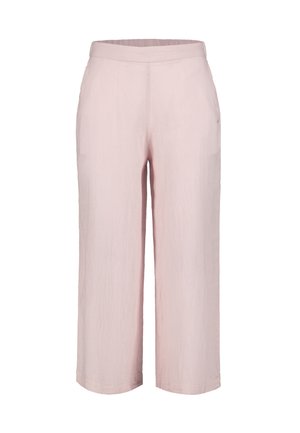 Pantalon large rose pâle avec taille élastique et poches latérales, présenté sur un fond blanc.