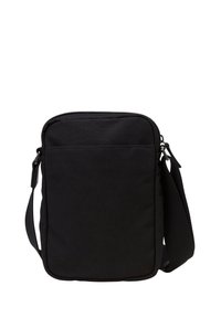 Borsa a tracolla rettangolare nera realizzata in tessuto resistente, dotata di una tasca frontale con zip e di una tracolla regolabile. Texture liscia.