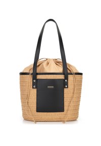 Woven straw tote bag with black leather accents, drawstring closure, and dual shoulder straps; features a smooth beige fabric lining.