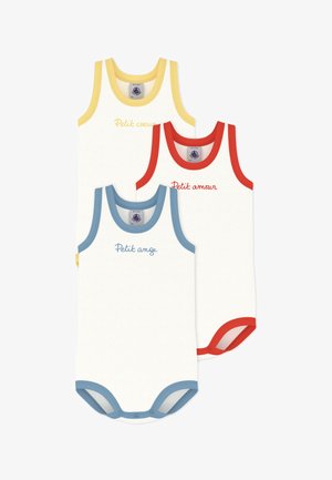 Drei weiße, ärmellose Baby-Bodysuits mit farbigen Abschlüssen und französischem Text: gelb "Petit coeur", rot "Petit amour" und blau "Petit ange".