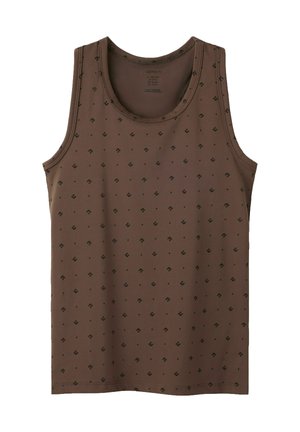 Débardeur marron sans manches avec un petit motif de points noirs et de symboles répartis uniformément sur le tissu.