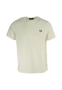 Cotton short-sleeve t-shirt in light cream with a round neck and black embroidered logo featuring laurel branches on the left chest.
