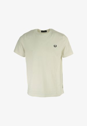 T-shirt in cotone a maniche corte color crema chiaro con colletto rotondo e logo ricamato nero che presenta rami di alloro sul lato sinistro del petto.