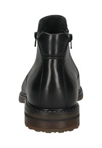 Schwarze Leder-Stiefeletten mit einer glatten Oberfläche, ausgestattet mit einem seitlichen Reißverschluss, feinen Nähten und einer kontrastierenden braunen Sohle.