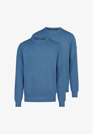To blå langærmede crewneck-sweatre med tekstureret strikkemønster, ribbet kant ved ærmer og skørt, vist på hvid baggrund.