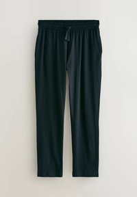 Zwarte, lichte katoenen broek met een elastische tailleband en verstelbare trekkoord, met rechte pijpen en een gladde textuur.