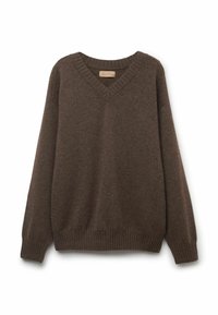 Brauner V-Ausschnitt-Pullover aus weichem, strukturiertem Material mit gerippten Bündchen und Saum, entspannter Passform und dezentem Branding auf dem Etikett.