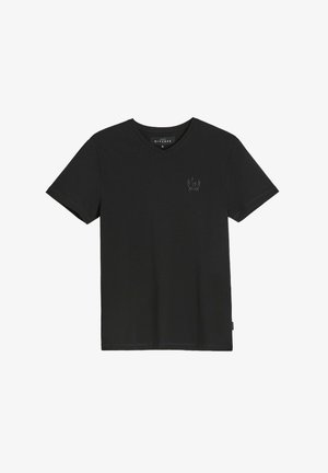 Czarny bawełniany t-shirt z dekoltem w serek, krótkimi rękawami i małym graficznym nadrukiem na piersi. Miękka faktura, minimalistyczny design i średni krój.