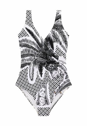 RUCHED SIDE TUMMY CONTROL STANDARD - Plavky - black white palm