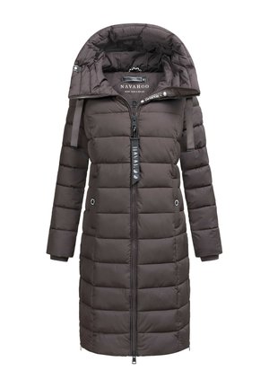 Langer dunkelbrauner wattierter Wintermantel mit großer Kapuze, durchgehendem Frontreißverschluss und seitlichen Taschen, mit dem Label Navahoo.