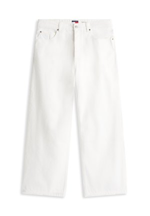 Baltas augsta vidukļa platām kājām džinsi ar priekšpuses pogu un rāvējslēdzēju, piecām kabatām un mazu logotipa etiķeti jostasvietā.