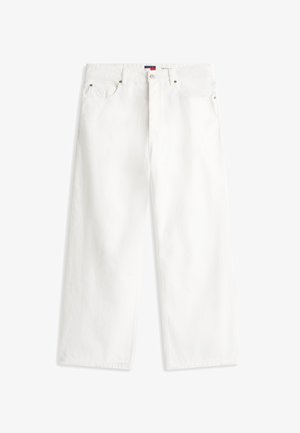 Biele rifle s vysokým pásom a širokými nohavicami, s predným gombíkom a zipsom, piatimi vreckami a malou štítkovou značkou na páse.