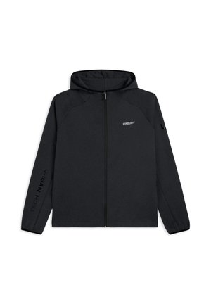 Giacca nera con zip realizzata in tessuto liscio, dotata di cappuccio, maniche raglan e stampa "TECH URBAN" su una manica.