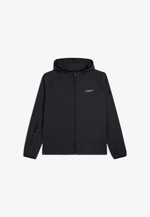 Giacca nera con zip realizzata in tessuto liscio, dotata di cappuccio, maniche raglan e stampa "TECH URBAN" su una manica.