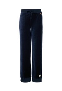 Marineblauwe veloursbroek met elastische tailleband, trekkoord, ribgebreide manchetten, een klein beige strikdetail en een wit label dichtbij de zoom.