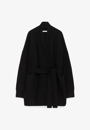 Zwarte open voorzijde cardigan gemaakt van zacht, textuurstof. Beschikt over een strikceintuur en brede mouwen, met een ontspannen silhouet en zonder sluitingen.
