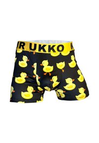 Sorte boxer briefs med et gentaget mønster af gule gummidukker, udstyret med en elastisk talje, der er præget med "MR UKKO" i fede gule bogstaver.
