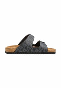 Zwarte en grijze slipper sandalen met een geometrisch patroon, kurken voetbed, twee verstelbare banden en rubberen zool.