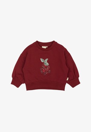 Bordeaux sweatshirt met lange, opgeblazen mouwen en geribbelde manchetten. Voorzien van groene blad- en bessenborduursels aan de voorkant. Korte pasvorm.