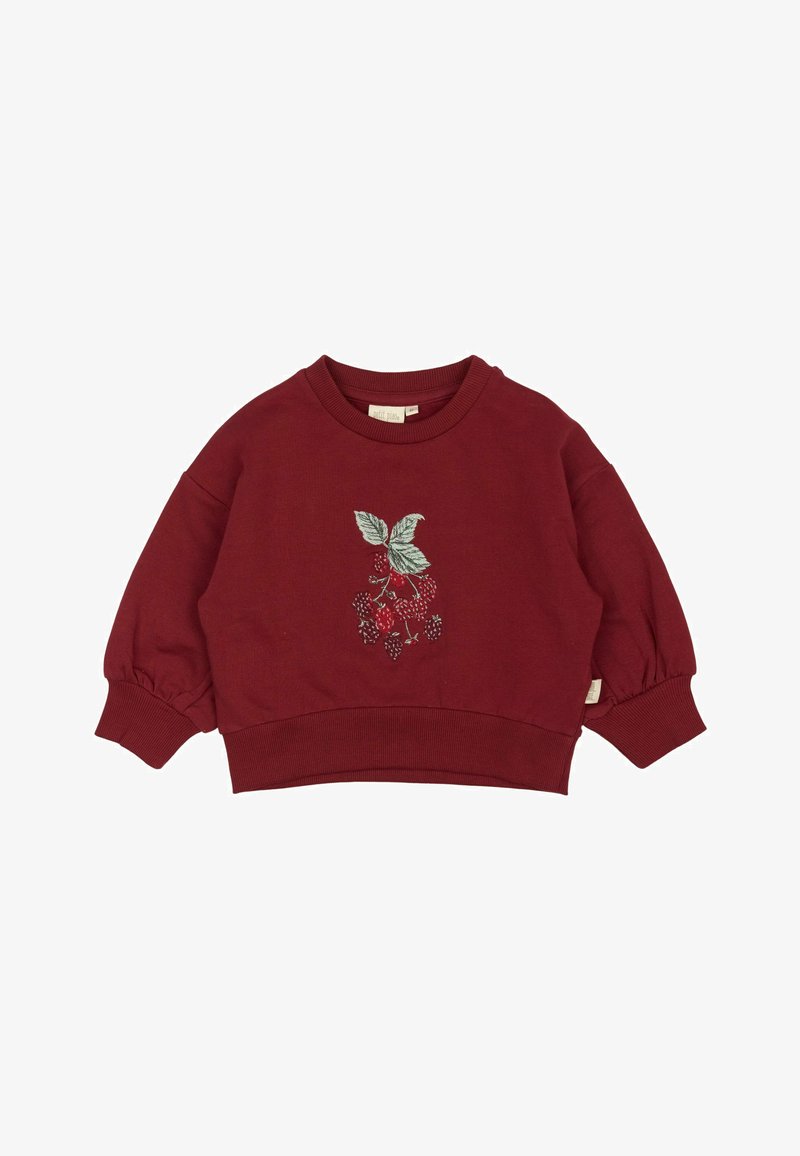 Bordo spalvos džemperis su ilgomis, pūkuotomis rankovėmis ir raibais manžetais. Priekyje yra žalių lapų ir uogų siuvinėjimas. Sutrumpinta forma.