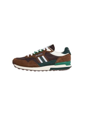 Brown suede and mesh sneaker with white and green accents; features a round toe, lace-up closure, and textured outsole.