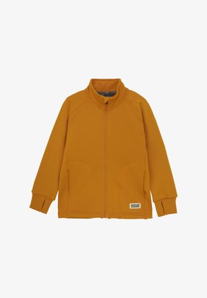 Oranger Reißverschluss-Jacke aus Fleece-Material. Verfügt über einen Stehkragen, zwei Seitentaschen und gerippte Bündchen. Markenlabel am Saum.