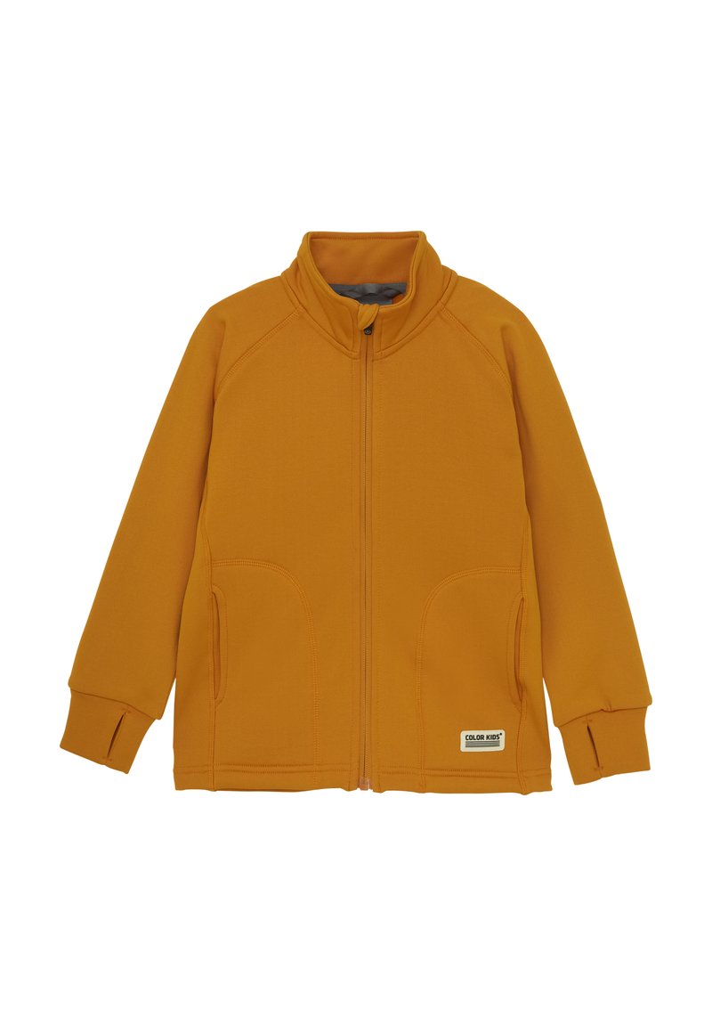 Orange zip-up jacka tillverkad av fleece. Har en ståkrage, två sidofickor och ribbade ärmslut. Märkesetikett vid fållen.