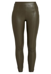 Mörk olivgrön faux läderleggings med hög midja, prydda med stygn detaljer och en smal, figurnära siluett.