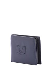 Portafoglio in pelle, colore blu navy, design a pieghe, logo impresso sul davanti, texture liscia, dettagli di cucitura lungo i bordi, slot per multiple carte all'interno.