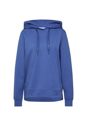 Blauer Hoodie aus weichem Stoff, mit einer frontalen Tasche, Kordeln und gerippten Bündchen in lockerer Passform. Glatte Textur und einfaches Design.