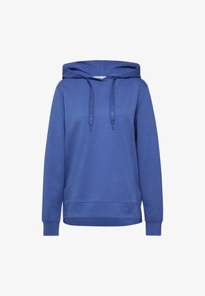 Blauer Hoodie aus weichem Stoff, mit einer frontalen Tasche, Kordeln und gerippten Bündchen in lockerer Passform. Glatte Textur und einfaches Design.