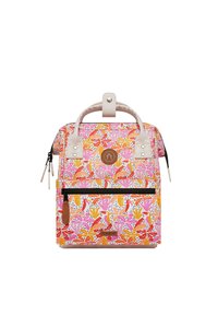 Backpack with a colorful tropical print in pink, orange, and white. Features a top handle, leather accents, and a front zipper pocket.