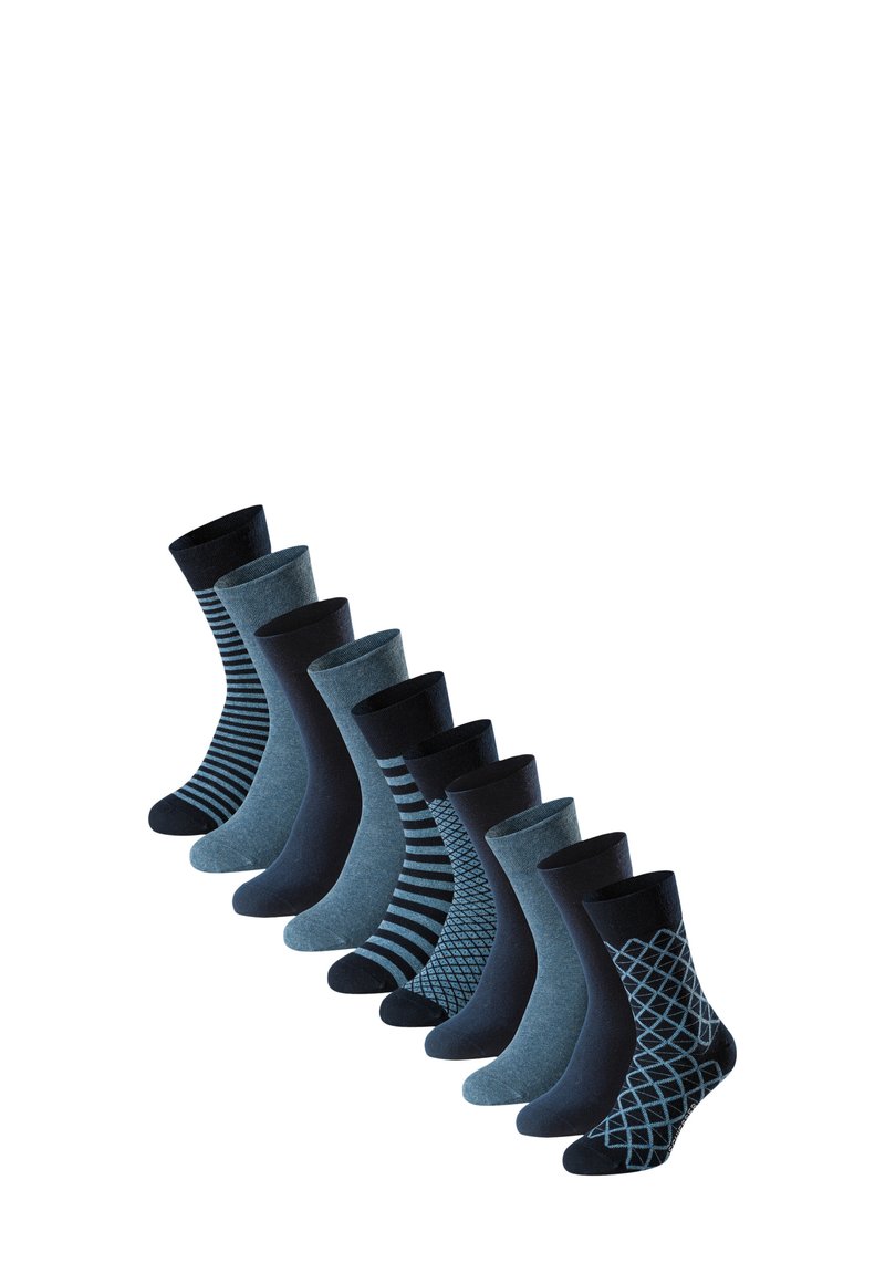 Sæt med ti par strømper i forskellige nuancer af blå og mørkeblå, der har ensfarvede, stribede og geometriske mønstre. Materialet er en blanding af bomuld.