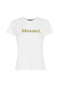 Vit bomull t-shirt med kort ärm, med en grön paljetttext som säger "blessed." över bröstet, rund halsringning och avslappnad passform.