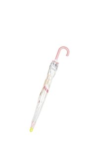 Transparente Regenschirm mit einem pinken gewölbten Griff, der pastellfarbene gestreifte Muster in Beige, Pink und Weiß aufweist. Auffälliges Detail mit gelber Spitze.
