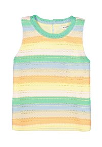 Trägersloses Tanktop mit horizontalen Streifen in Grün, Gelb, Orange und Blau. Hergestellt aus einem strukturierten Strickstoff mit rundem Halsausschnitt.