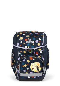 Marineblauer Rucksack mit bunten Punkten. Ausgestattet mit gepolsterten Schultergurten, einer Fronttasche und einem runden Abzeichen mit einer Illustration. Robustes Material.