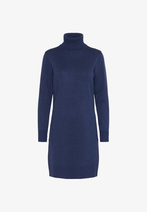 Tumedate kudumi turtleneck kleit pikkade varrukatega, ribidega kaeluse ja mansettide äärel ning sirge siluetiga kuni reie keskpaigani.