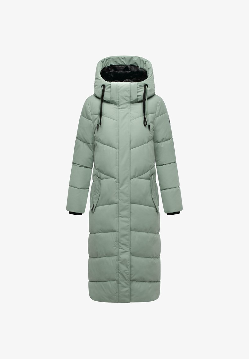 Lang, mintgrønn pufferjakke med høy krage, justerbar hette med snøring, glidelåslommer på sidene og svart fôr. Sømmer skaper et quiltet mønster.