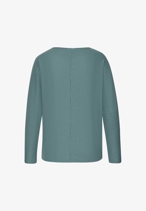 Türkiser langärmeliger Rippstrickpullover mit geradem Saum, von hinten vor einem weißen Hintergrund dargestellt.