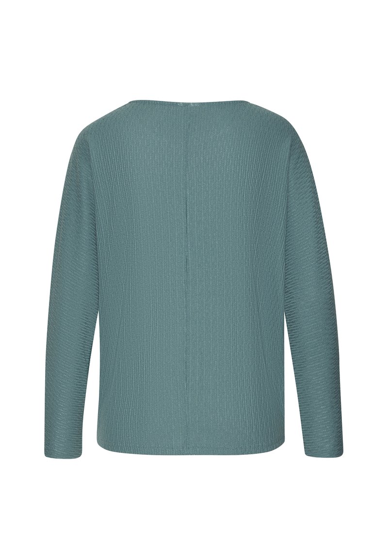 Türkiser langärmeliger Rippstrickpullover mit geradem Saum, von hinten vor einem weißen Hintergrund dargestellt.