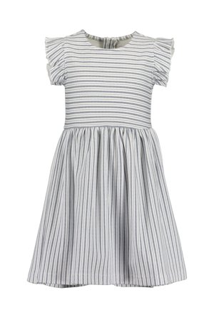 Vestito a righe con maniche corte, scollo rotondo, corpetto aderente e gonna svasata. I colori includono bianco con righe verticali blu.