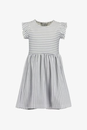 Vestito a righe con maniche corte, scollo rotondo, corpetto aderente e gonna svasata. I colori includono bianco con righe verticali blu.