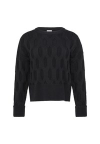 Maglione nero lavorato a maglia con un motivo testurizzato che presenta forme ovali. Collo a girocollo e polsini a costine, lunghezza corta. Materiale morbido.