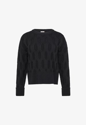 Pull en tricot noir avec un motif texturé comportant des formes ovales. Col rond et poignets côtelés, longueur cropped. Matériau doux.